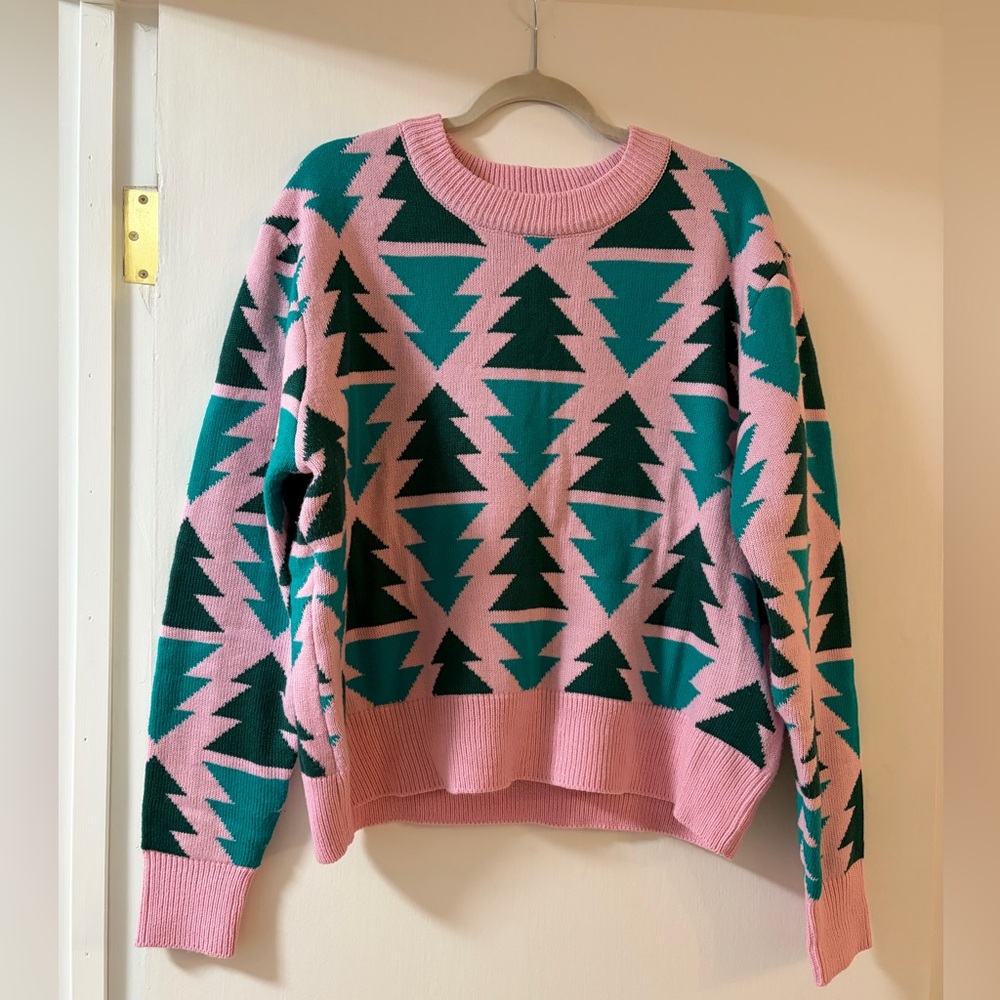 Grayson Threads Pink and Teal Geometric Tree Sweater